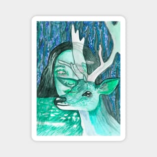 Psychedelic wild deer and girl Magnet