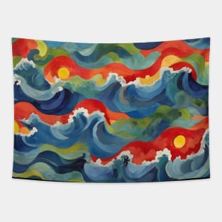 Colorful Sea Landscape With Red Sunset Over Great Blue Waves Painting Tapestry