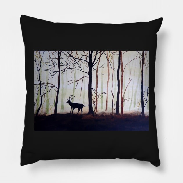 Buck in Trees Painting Pillow by julyperson