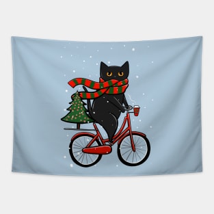 Black Cat Winter Bicycle Ride Tapestry