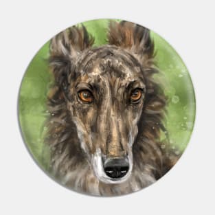 Painting of a Gorgeous Silken Windhound Brindle Coat Brown Red White on Green Background Pin