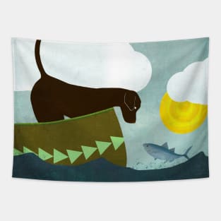 Chocolate Labrador In A Canoe With A Fish Friend Tapestry