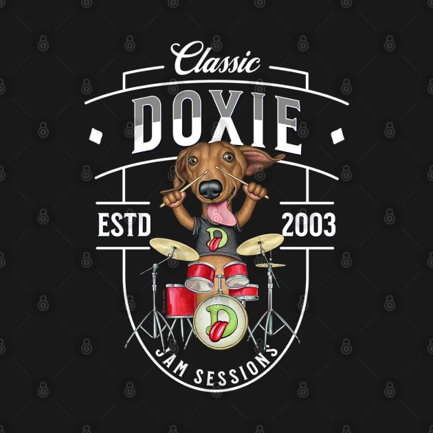 Fun doxie Dog playing drums for a rock and roll band on Doxie Jam Sessions tee by Danny Gordon Art