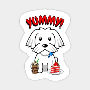 Cute white dog is having coffee and cake Magnet