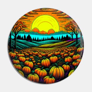 Vintage Retro Sunset Of Pumpkins in the Patch Pin