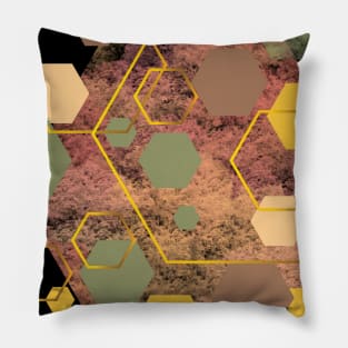 Green, olive, yellow, dusty pink, pink, brown and gold geometric hexagons Pillow