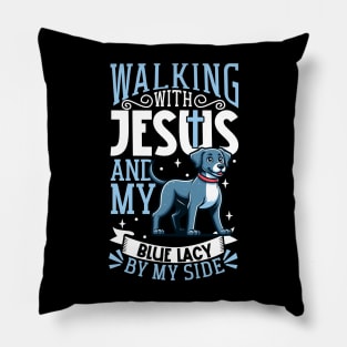 Jesus and dog - Blue Lacy Pillow