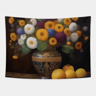 Still Life Painting with Cute Abstract Flowers and Fruit Tapestry