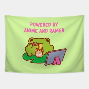 Powered by anime and ramen, anime fan, funny anime quote, cute anime lover frog Tapestry