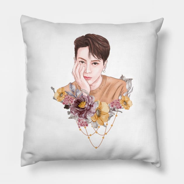 Brushed with Beauty: A Jackson Wang Fanart with Vintage-Inspired Florals Pillow by Rakusumi Art