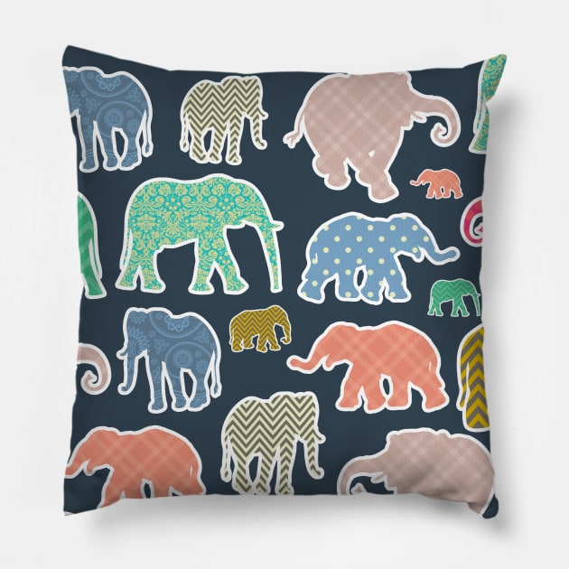 Colorful Elephants, Pattern Of Elephants, Zigzag Pillow by Jelena Dunčević