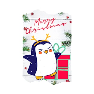 Merry Christmas Penguin with Christmas Present T-Shirt