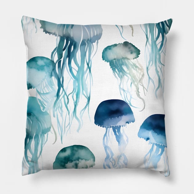 Teal Blue Jellyfish Ocean Pattern Pillow by Trippycollage