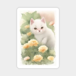 White Cat in the Flower Garden Soft Pastel Colours Magnet