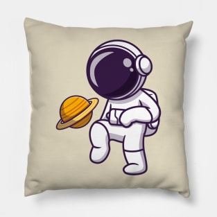 Cute Astronaut Playing Soccer Planet Cartoon Pillow