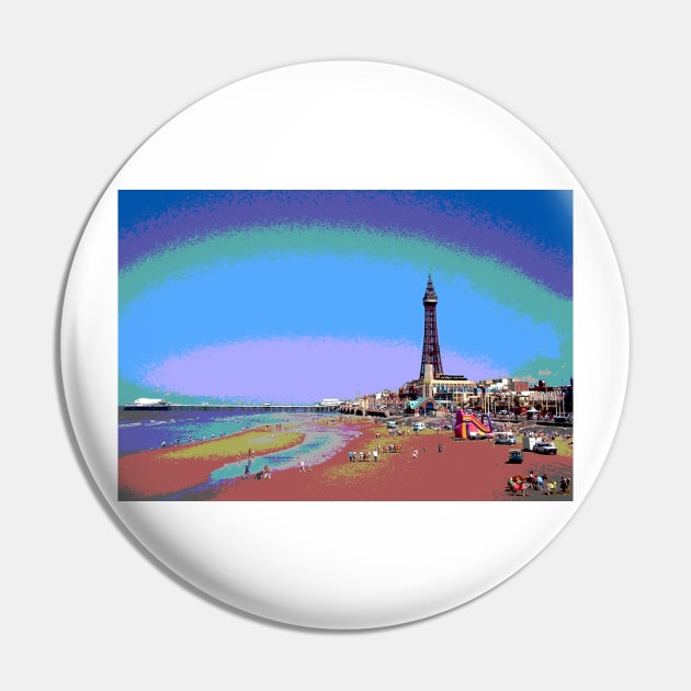 Blackpool Tower and Beach Posterized Pin by mariakeady