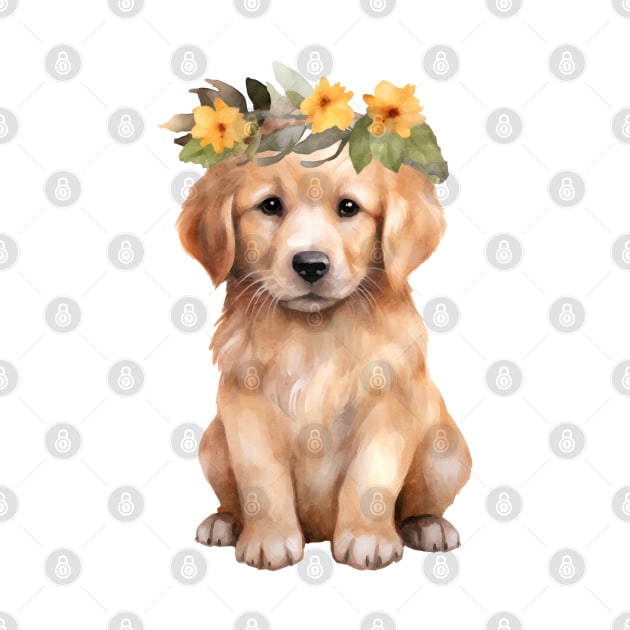 Watercolor Golden Retriever Dog with Head Wreath by Chromatic Fusion Studio