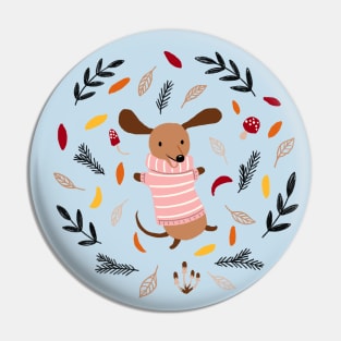 Cute Dachshund in Winter Sweater in Autumn Leaves Pin