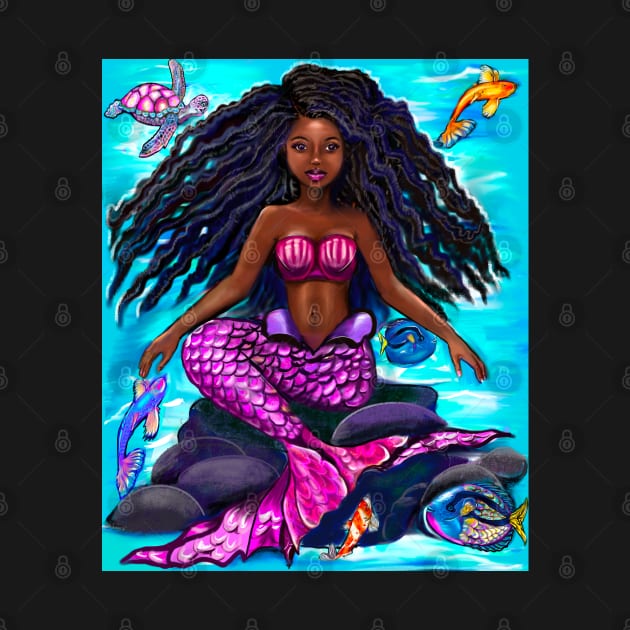 Black mermaid with flowing locks , brown eyes Afro hair and caramel brown skin by Artonmytee