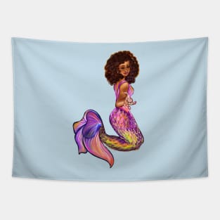 Mermaid  with rainbow coloured colored fins, outstretched  arm, brown eyes, Curly hair  and caramel brown skin - light background Tapestry