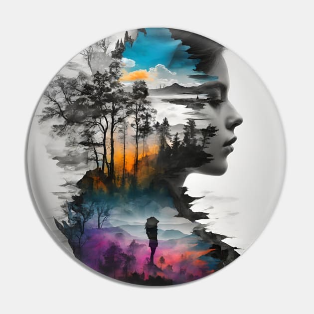 Woman Silhouette Blending With Surreal Sunset Pin by Anik Arts