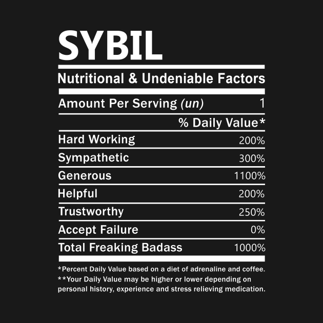 Sybil Name T Shirt - Sybil Nutritional and Undeniable Name Factors Gift Item Tee by nikitak4um