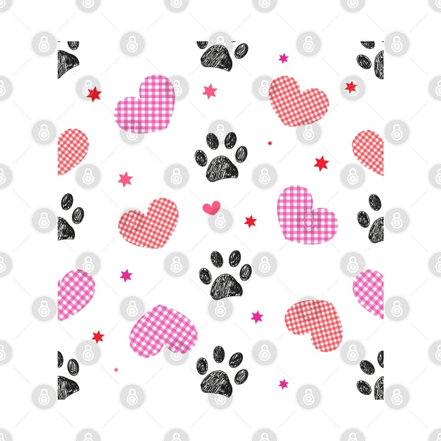Plaid hearts with seamless black pattern with doodle paw prints by GULSENGUNEL
