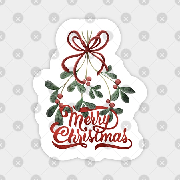 Merry Christmas lettering with mistletoe Magnet by Flower-Cocktails