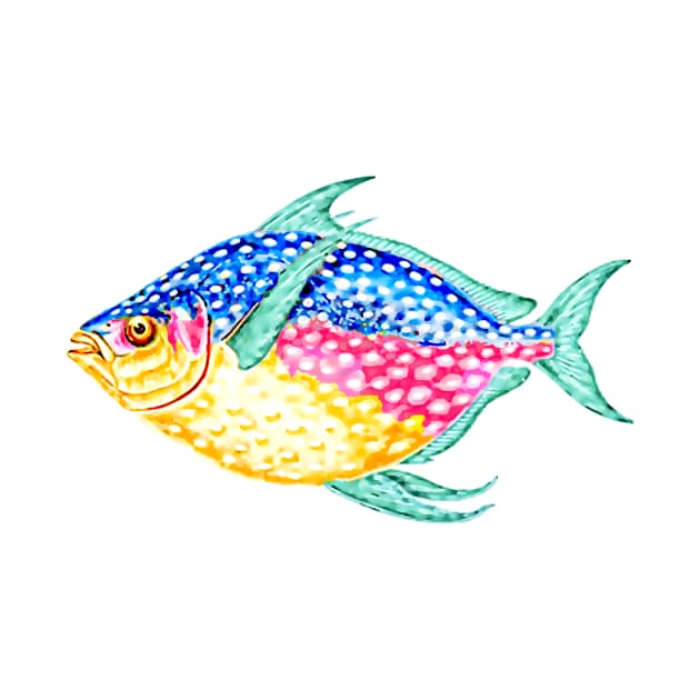 Fish, colorful watercolor, pink, blue, aqua, yellow by PixDezines