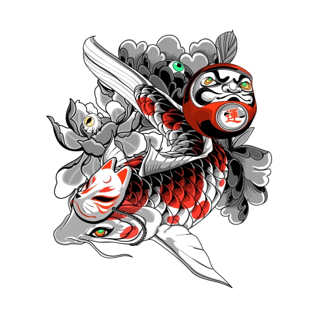 Koi and Daruma Prosperity by Heymoonly