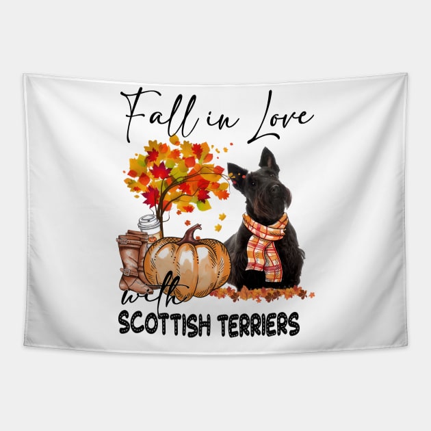 Fall In Love With Scottish Terriers Fall Pumpkin Thanksgiving Tapestry by Red and Black Floral