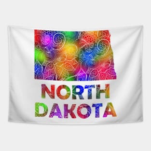 Colorful mandala art map of North Dakota with text in multicolor pattern Tapestry