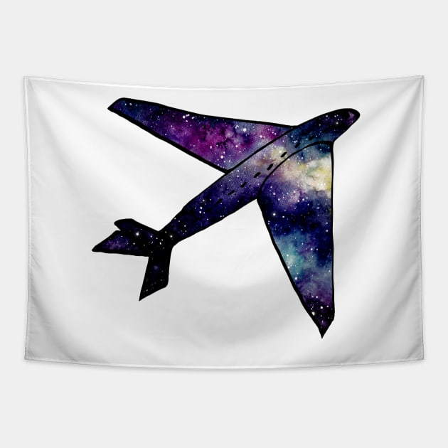 Watercolor Outer Space and Airplane Tapestry by Cordata