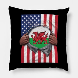 Wales Flag American Flag Ripped - Gift for Welsh From Wales Pillow