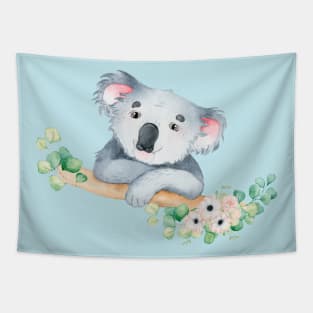 Koala in watercolor with leaves and flowers Tapestry