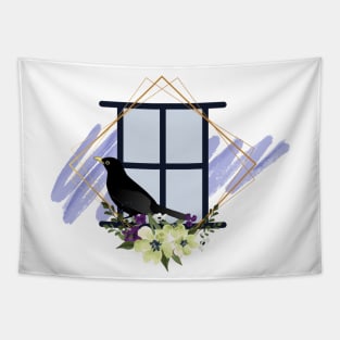 crow on window of flower Tapestry