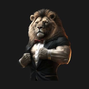 Muscular Lion in Tuxedo Flexing Biceps T-Shirt