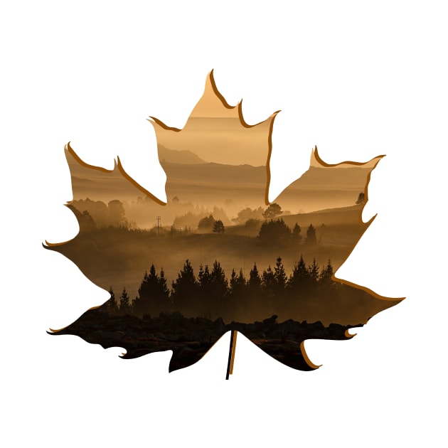 Maple Leaf Silhouette Lanscape Foggy Forest by Fersan