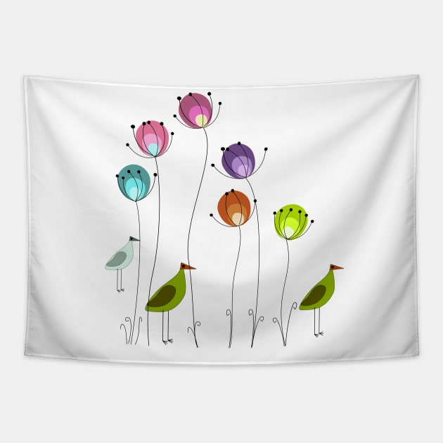 bird and flower Tapestry by White cloth