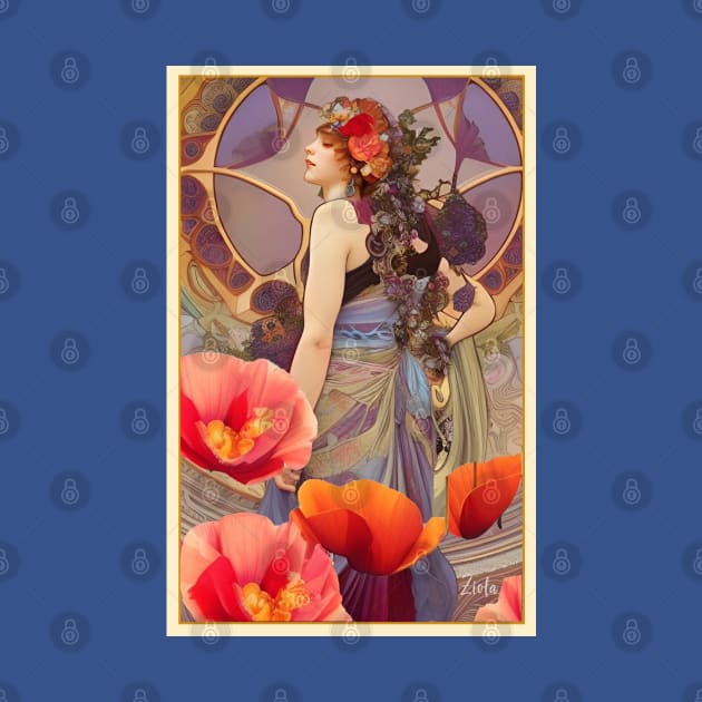 Pretty poppy floral painting of a Art Deco hippie Fatima belly dancer girl by ZiolaRosa