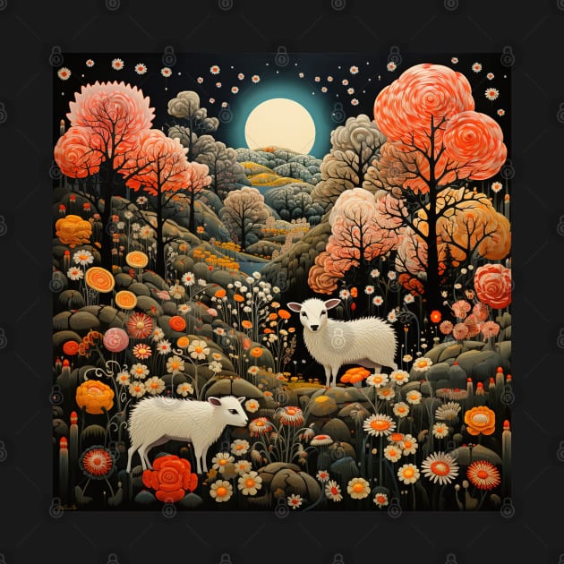 Surrealistic Folk Art Dark Floral Motif Sheep Design by The Little Store Of Magic