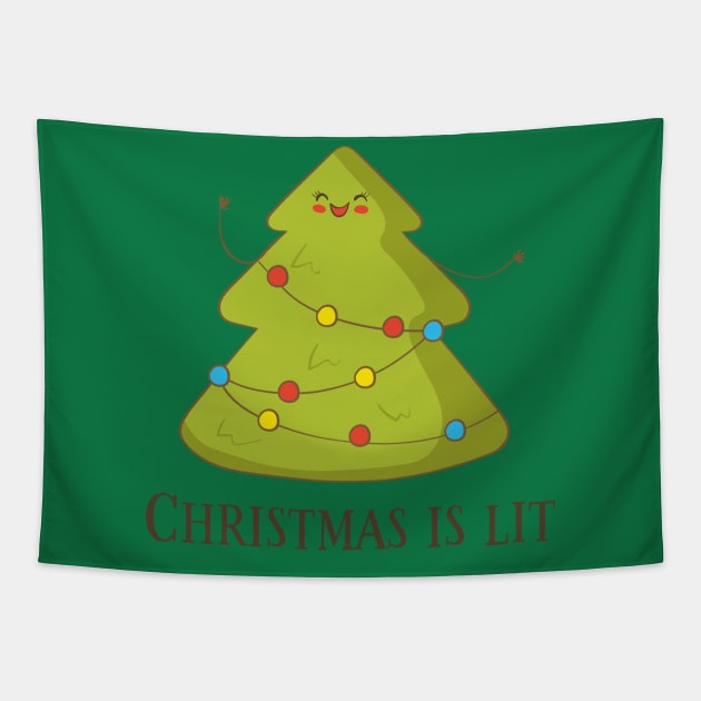 Christmas Is Lit, Funny Cute Christmas Tree Tapestry by Dreamy Panda Designs