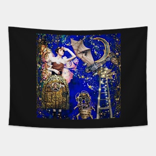 Steampunk, moon, airplane, robots and magic Tapestry