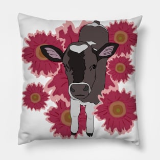 Baby cow with Red flowers Pillow