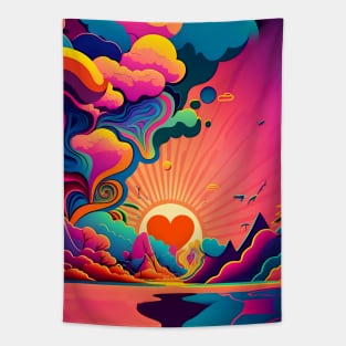 Peace and Love: Harmonious Sunset on a Dark Background Tapestry