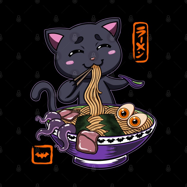 Halloween Kawaii chibi Ramen Black cat spooky fall art by JustJoshDesigns