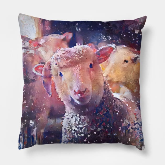 Playful Baby Sheep starring Abstract Painting Pillow by DSQuality Design