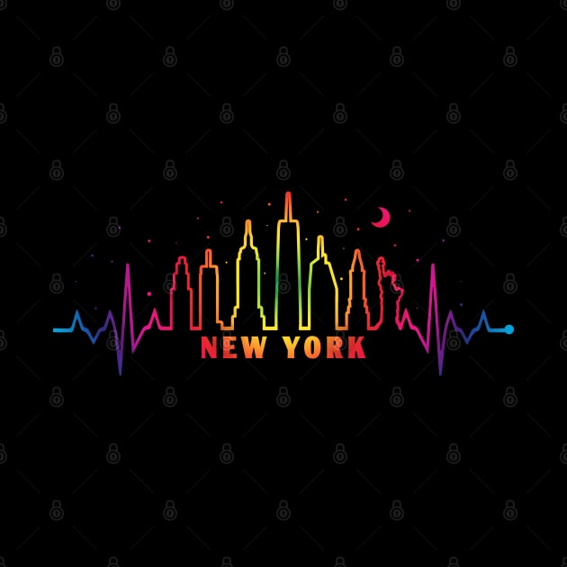 New York Pride City Skyline EKG Heartbeat Rainbow Night by TeeCreations