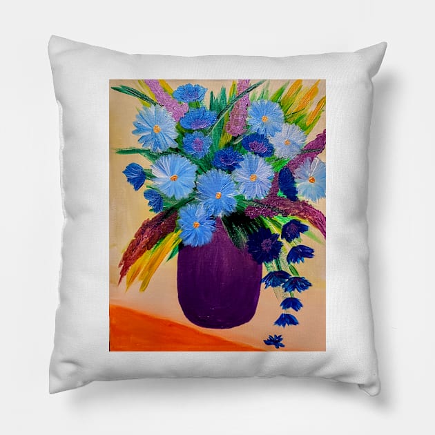 This vase had some long grass and mixed flower bouquet in it . And the vase was a metallic purple color . Pillow by kkartwork