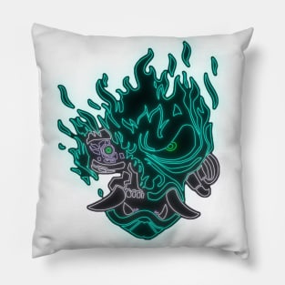 Green Neon Fire Samurai Skull Pillow